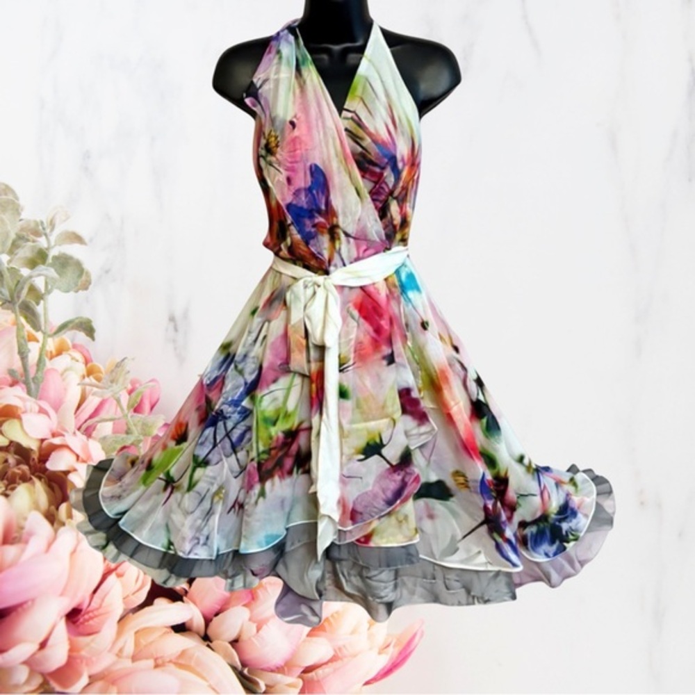 Alexia Admor Silk Multicolor Floral Asymmetrical Halter Sundress Sz XS